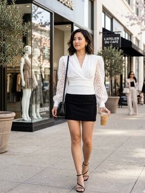 CHICME White Puff Sleeve Cheetah Lace V-neck Plunge Blouse Top Size Medium